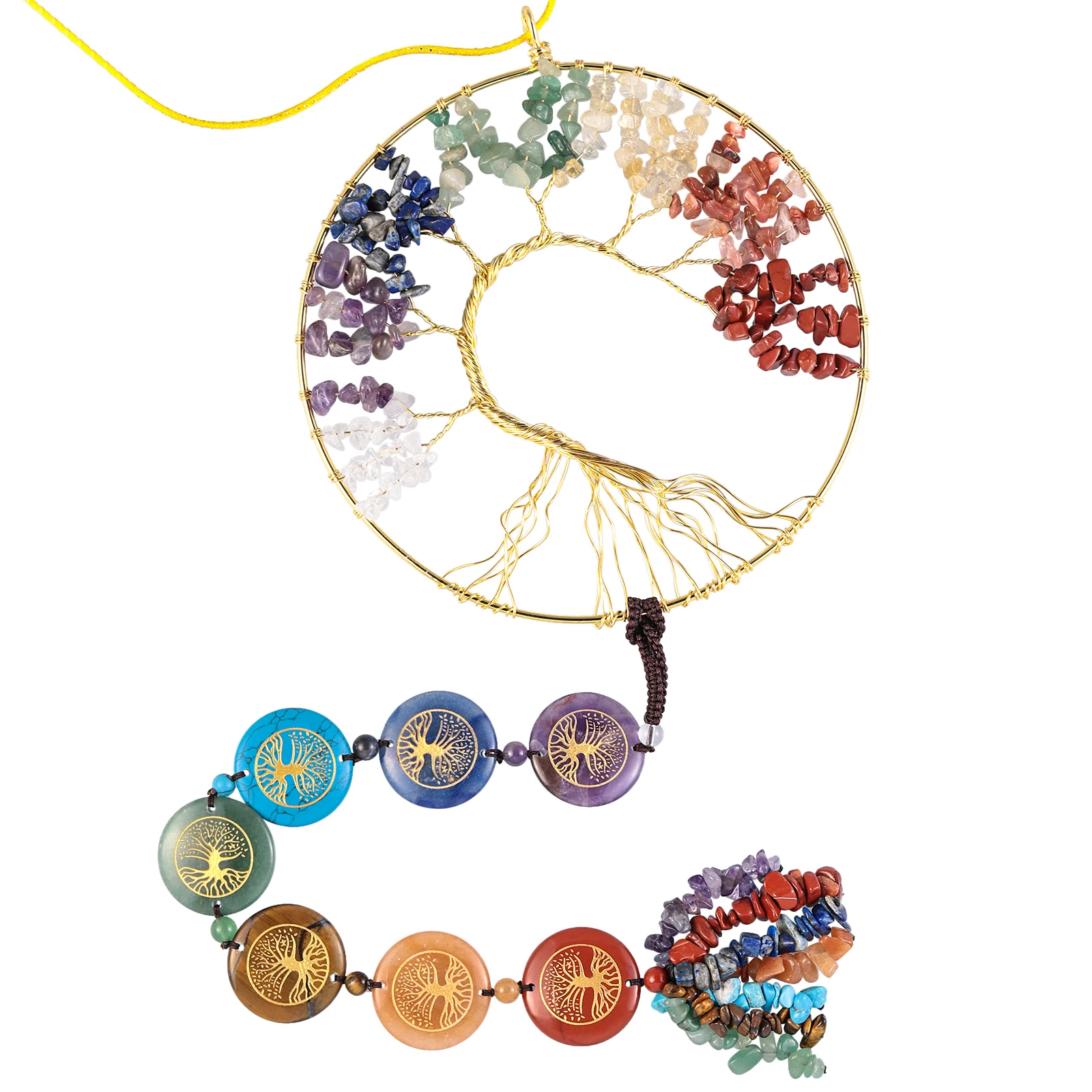 7 Chakra Tree of Life Hanging Ornament Natural Crystal Tumbled Stones Feng Shui Meditation For Wall Window Hanging Decoration