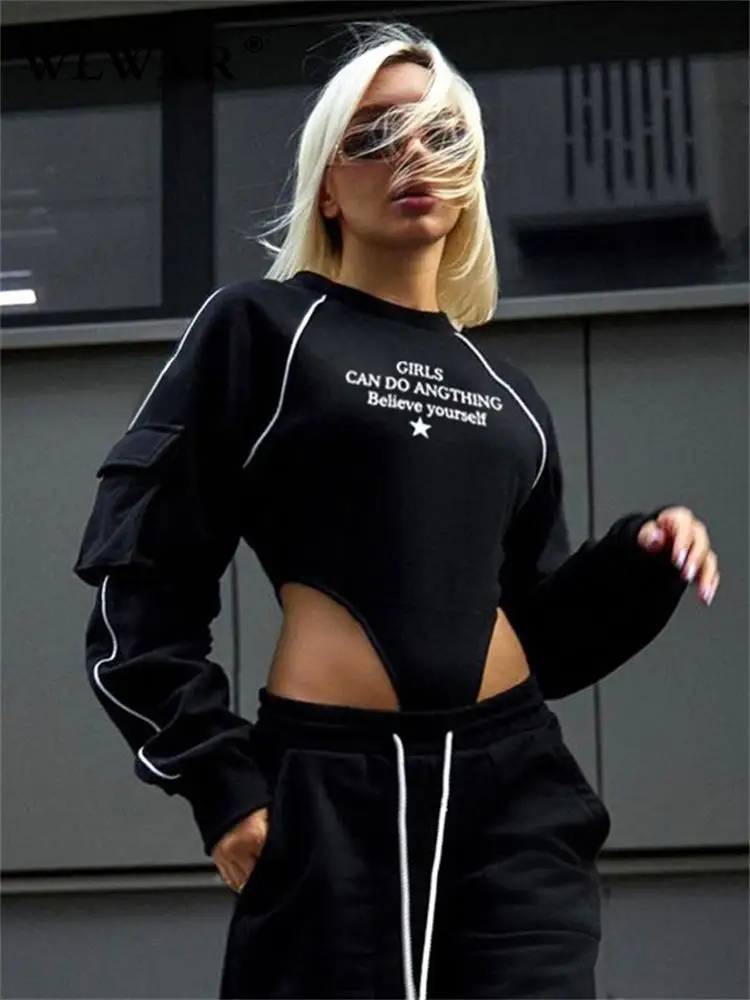 

WLWXR Fall Jumpsuit For Women 2022 O Neck Long Sleev Letter Print Bodysuit One-pieces Streetwear Outfits Black Bodysuit Female