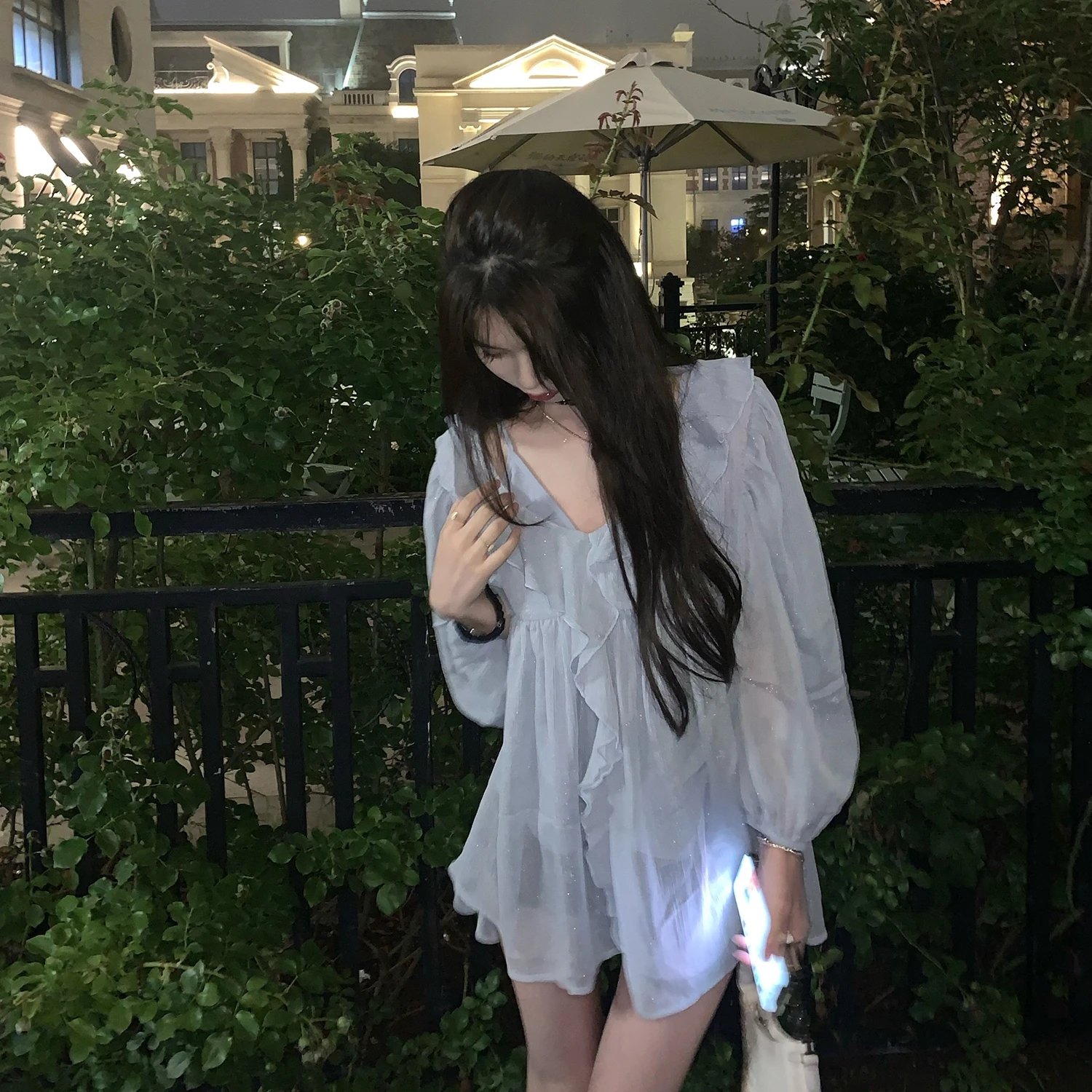 Lace Trim Long Sve Milk Blue Women's Chiffon irt Korean Sle Pure Desire Faion Top for Early Autumn Straight Cut