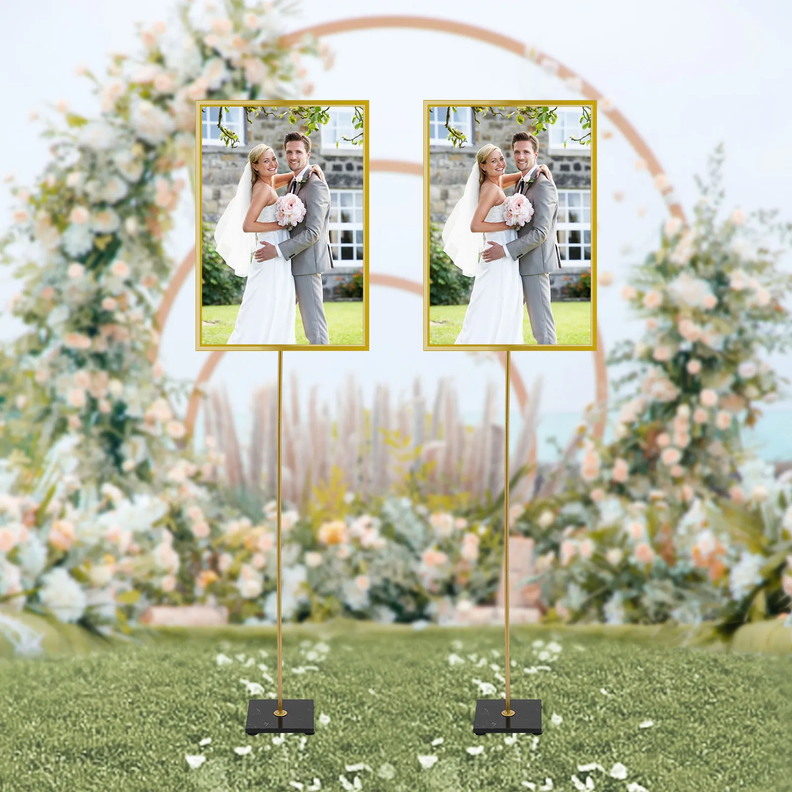 

2Pcs Gold Metal Wedding Reception Welcome Display Stand Easel Stand w/ Marble Base for Wedding Celebration Party Sign Poster