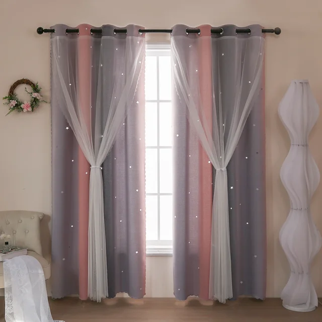 Gradient Double-Layer Perforated Curtains, Hollowed Out Stars, Children'S Room Shading Decoration, One Piece Set