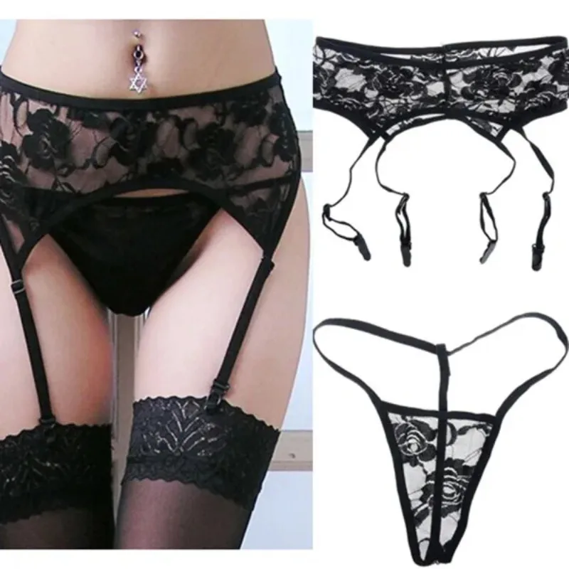 

Womens Lingerie Sets High Quality Lace Garter Belt Suspender +Matching G-String Thong Set for Stockings