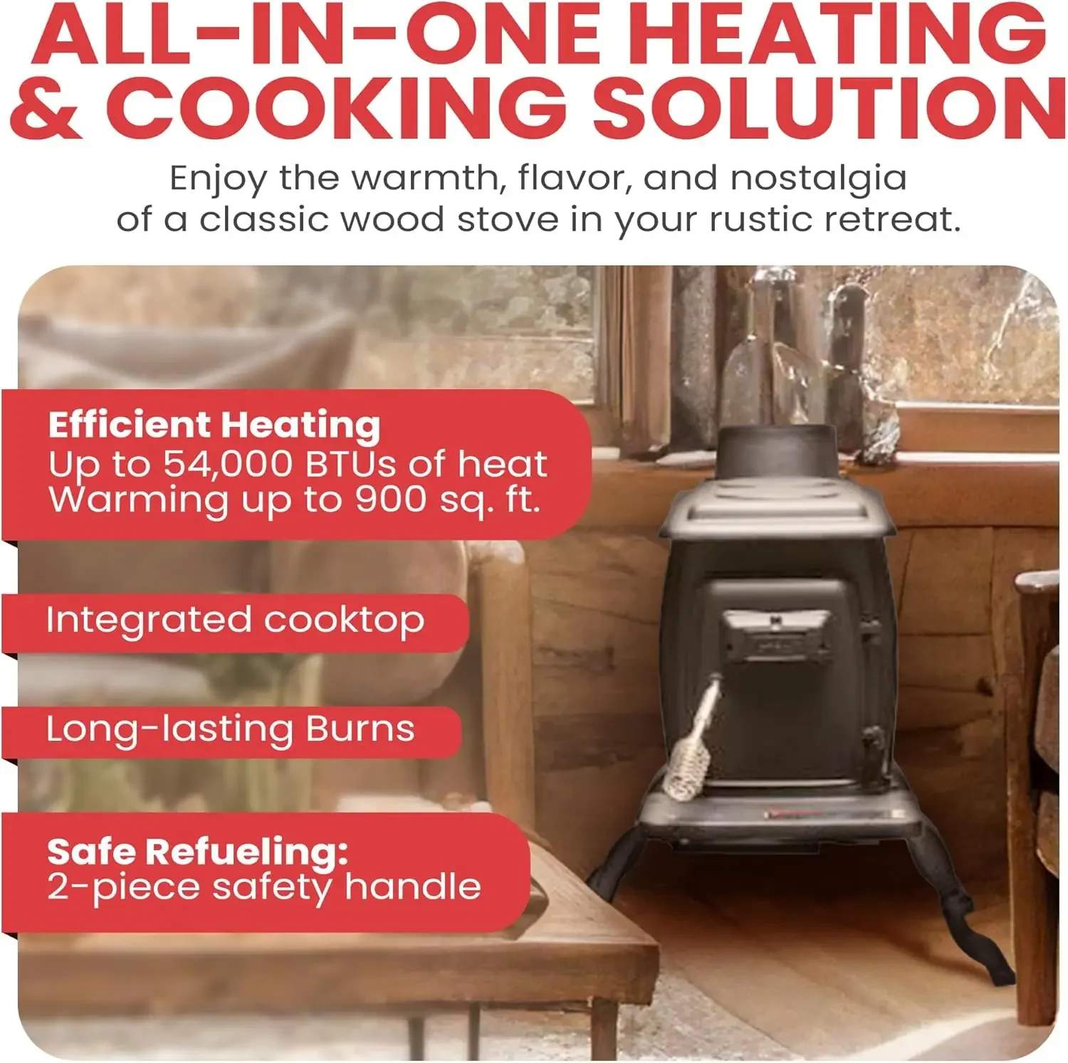 Stove Company Rustic 900 Square Foot Clean Cast Iron Log Burning Wood Stove Reaching Up 54000 BTUswith Cool Touch Safety Handle 2