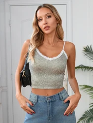 Leopard Print Lace Patchwork Crop Top with Bows - Summer Fashion Y2K Festival Party Wear - S (Green)