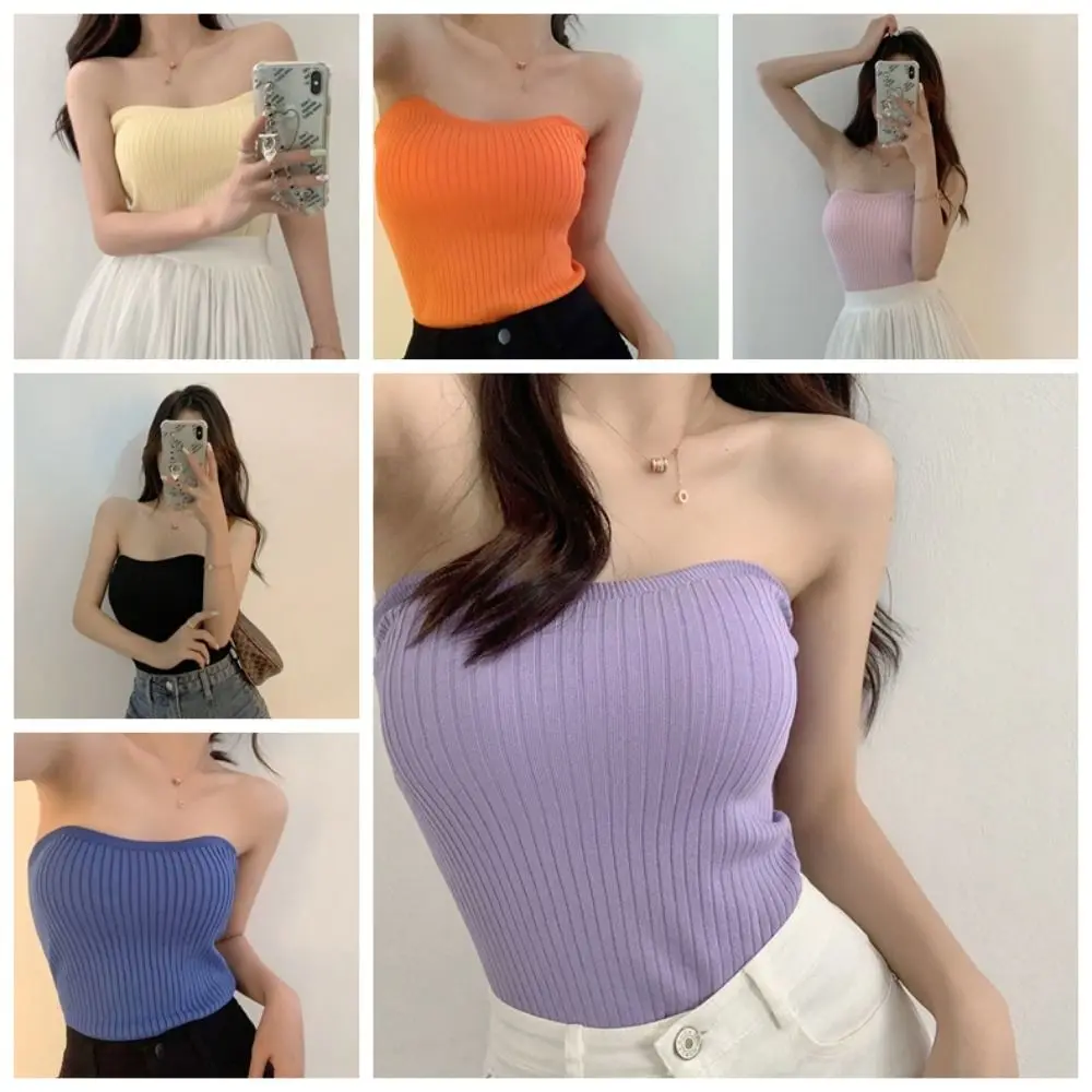 

Ribbed Knit Tube Top Trendy Slim Fit Colorful Bandeau Top Strapless Bandeau Sleeveless Tank Tops Women