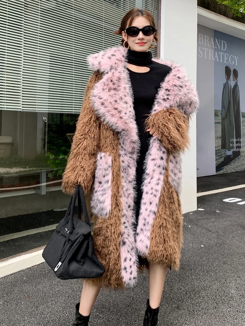 Stylish Khaki Faux Fur Coat Long Style Lapel Jacket Women's Winter Clothing Free Shipping