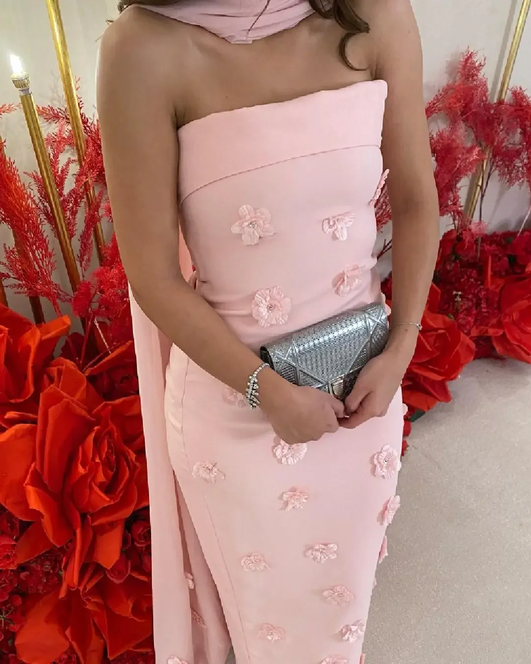 

Saudi Arabia Prom Dresses Pink vestidos 3D Flowers Beaded Women Evening Dress Formal Occasion Women Party Gowns
