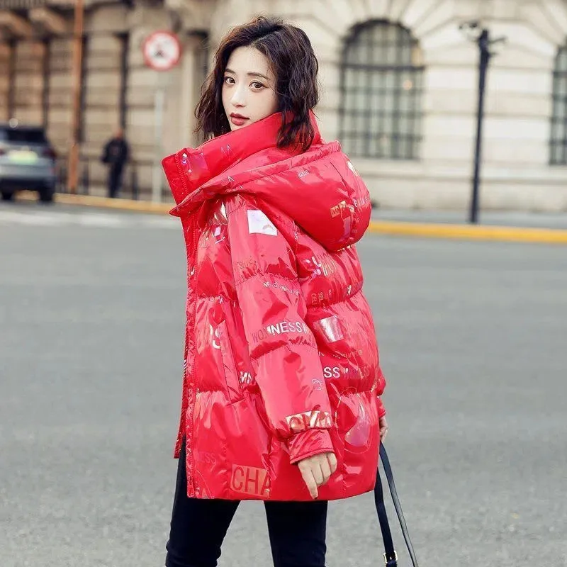 

Female Overcoat 2023 New Winter Fashion Women's Down Cotton Coat Warm Hooded Letters Bright Face Down Women Cotton Jacket Y171