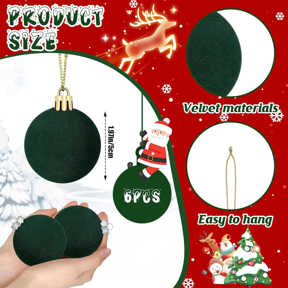 Velvet Christmas Tree Ornaments 6pcs 5cm Plush Flocked Hanging Balls for Holiday Decor Christmas Decoration Xmas Clearance