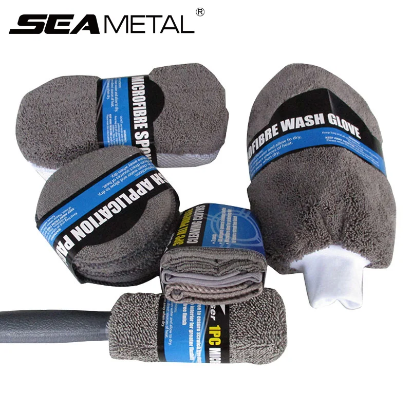 SEAMETAL 9-teiliges Mikrofaser-Autowaschset, Reinigungswerkzeuge, Auto-Detailing, Polieren, Wachsen, Schwamm, Bürste, Handtuch, Handschuh, Waschzubehör