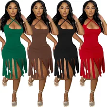 

2022 Summer Women Mini Dress Tassel Solid Color Bodycon Halter Slim Dresses For Women Vestidos