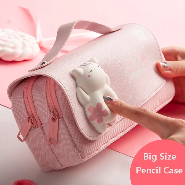 Cute Cat Decompression Pencil Case Big Pencil Box Portable Girls Pen Bag  Double Layer School Pouch Kawaii Stationery Pensil Case - AliExpress