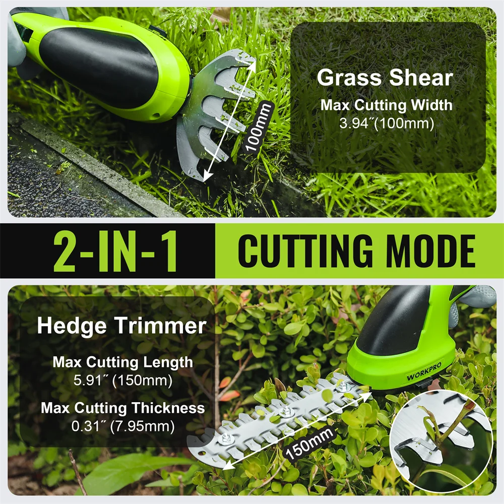 WORKPRO 2 in 1 Electric Trimmer 7.2V/3.6V Lithium-ion Cordless Hedge Trimmer for Garden Power Tools Electric Pruning Shears 5