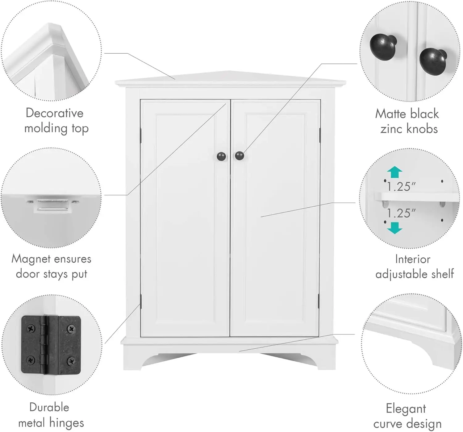 Floor Corner Cabinet with Doors and Shelves, Freestanding Bathroom Corner Storage Cabinet for Bathroom, Living Room, White