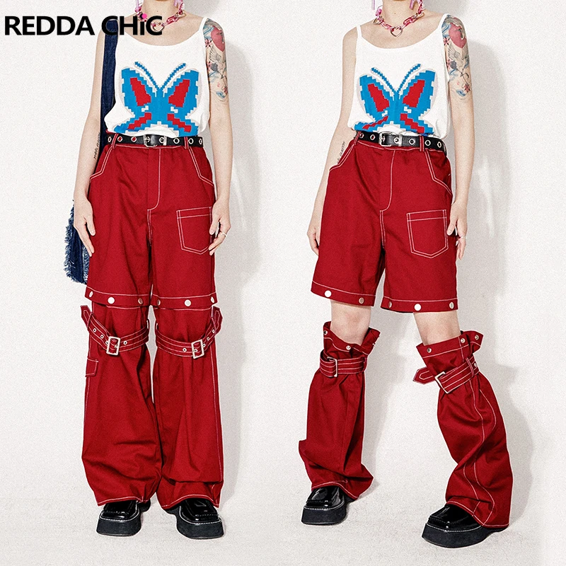 ReddaChic Hip-hop Women Red Cargo Pants 2-In-1 Detachable Baggy Jeans Y2k Wide Leg Jorts Trousers 90s Retro Skater Streetwear