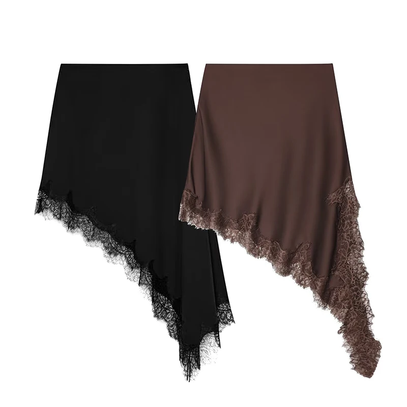 Asymmetry Lace Splicing Long Skirts For Women 2025 New Fashion Satin Elegant Midi Skirt Street Casual Holiday Skirts ﻿Mujer