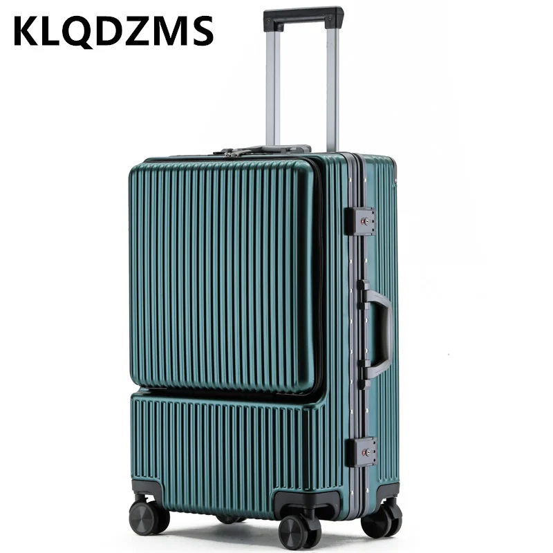 KLQDZMS 20 22 24 26 Luggage Compartment Front Zipper Aluminum Frame Luggage USB Charging Port Silent Wheel Boarding Suitcase