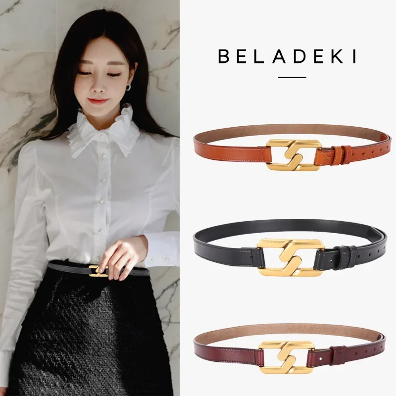 Luxury Cowhide Mesh Red Women\'s Belt Black Metal Buckle Head Genuine Leather Belt with Skirt Decoration Belt on The Outside