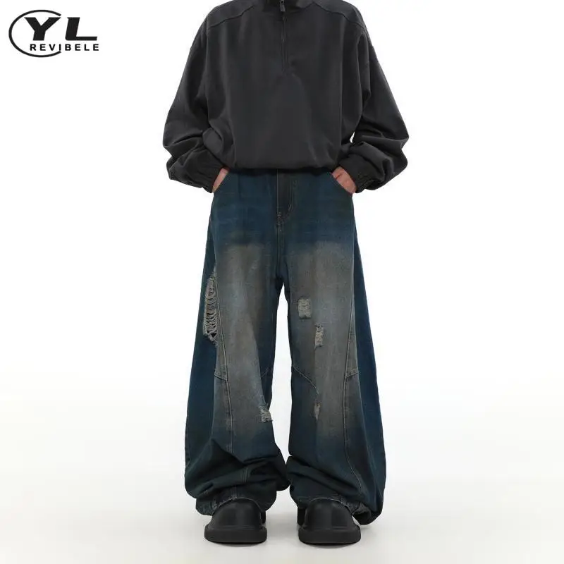 

Vintage Baggy Wide Leg Jeans Men American High Street Deconstructed Washed Hole Denim Pants Distressed Straight Trousers Spring