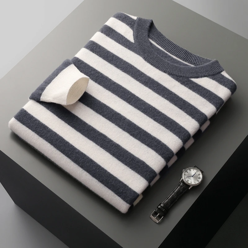 2023 autumn and winter new men's cashmere sweater 100% pure wool classic striped round neck loose pullover bottoming sweater