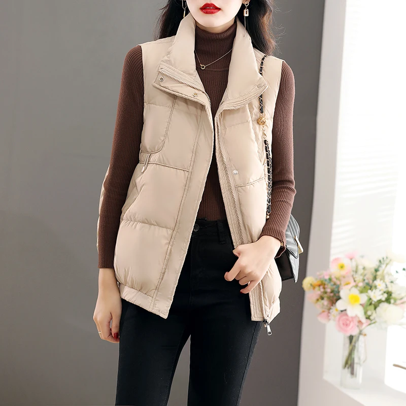 Plain color fabric clothing 2023 autumn and winter new version trendy plus size 90 white goose short style down vest simple_voghion.com