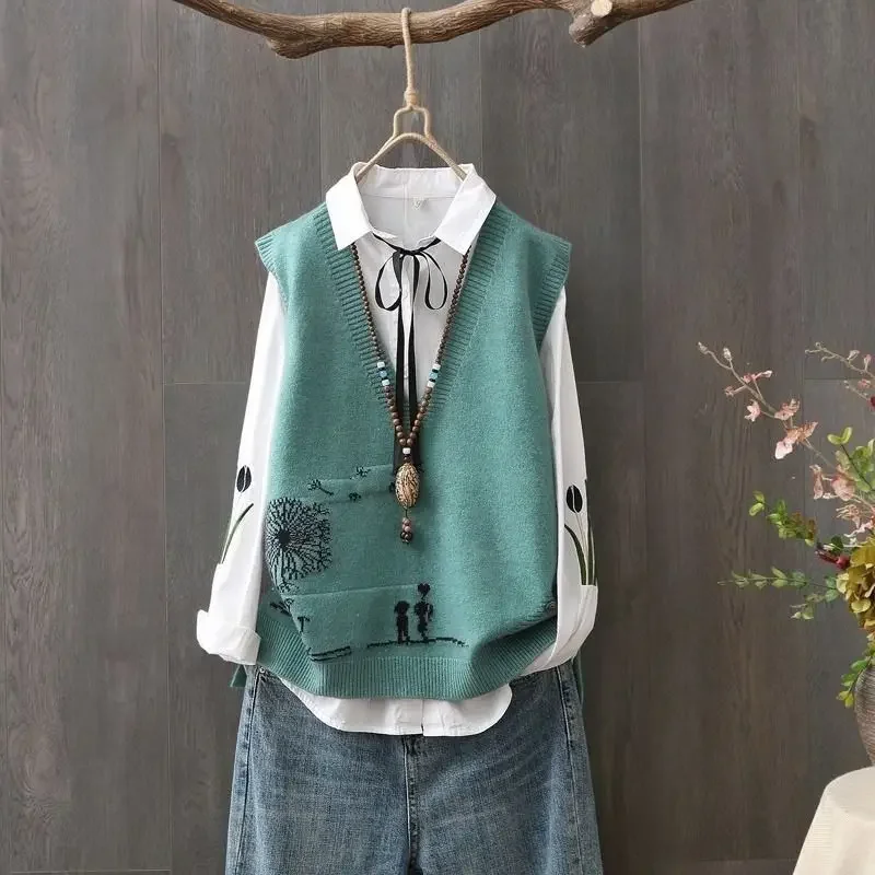 

Autumn and Winter Pullover V-neck Patchwork Printing Sweater Loose Fashion Casual Elegant Commuter Sleeveless Vest Tops B24