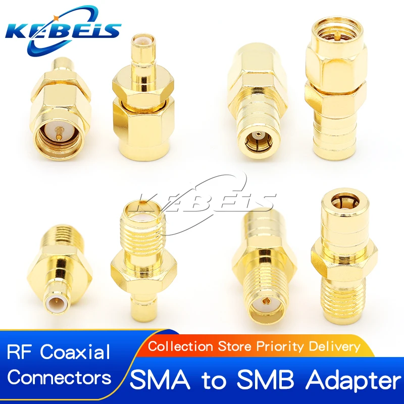 Lot de 4 adaptateurs SMA SMB pour antenne drone FPV, disposés en croix sur fond noir.