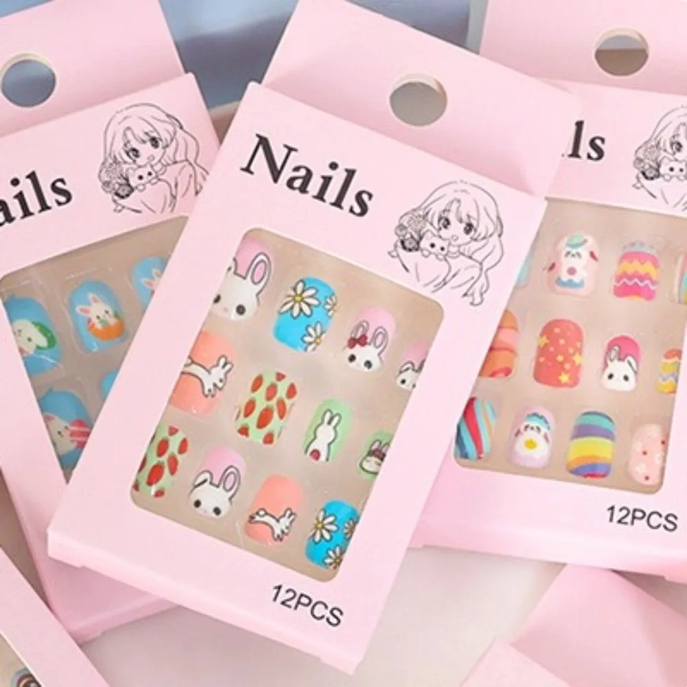 Snowflake Snowman Children Christmas False Nails Bunny Flower Short Square Shaped Kids Cartoon Fake Nails Nail Supplies