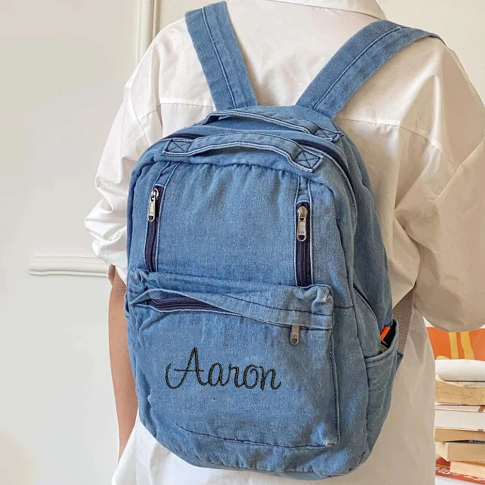 Large Capacity Denim Backpack Custom Embroidered Name Boys Girls Travel Backpack Personalized Daily Rucksack with Any Names