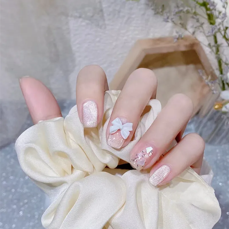 24PCS Fake Nails Cute Cat Girls Sweet Style Short Press On Nails Wearable  Finished Nail Piece Fully Covered Nail Decoration