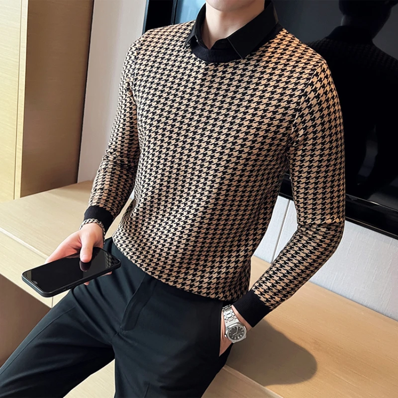 2022 Brand Clothing Men Winter Thermal Knitting Sweater/Male Slim Fit High Quality Shirt Collar Fake two Piece Pullover Sweatres