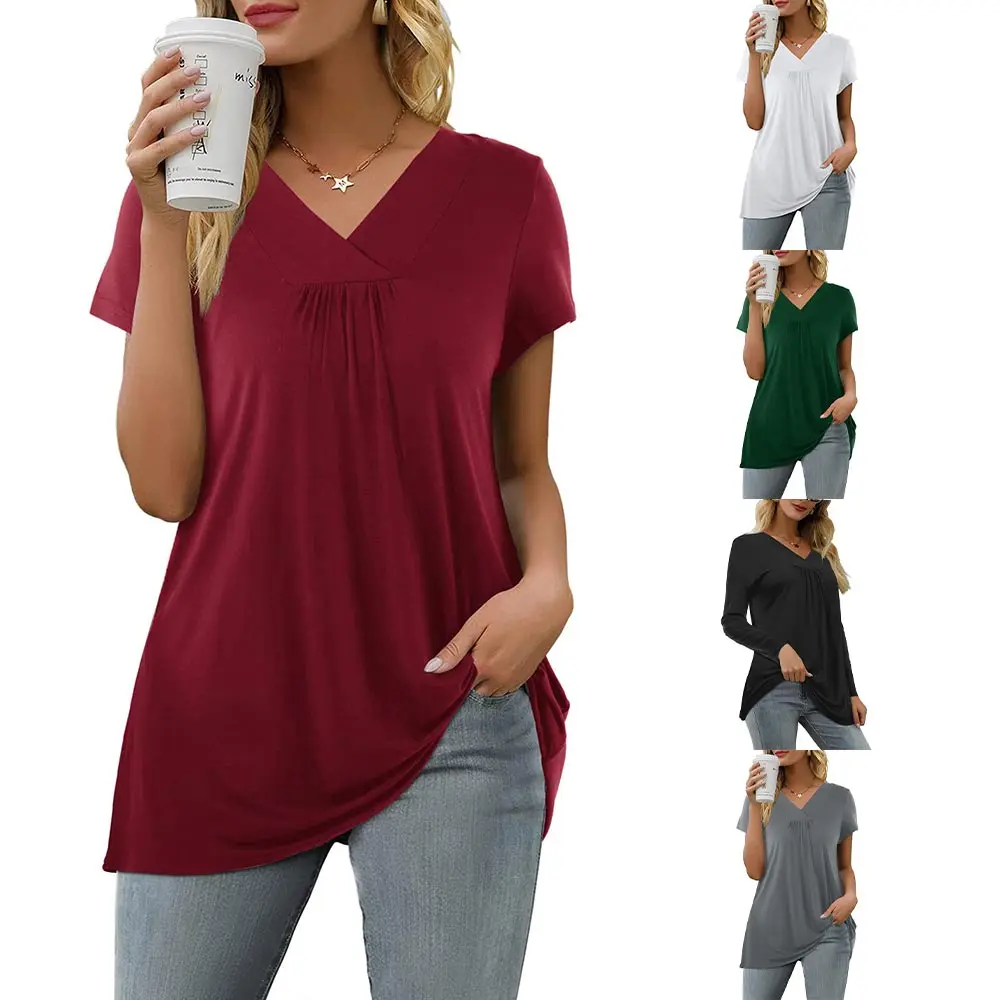 Damen Elegant Loose Fit Kurzarm Frühling T-Shirt V-Ausschnitt Casual Loose Basic Tunika Top Sommer Baumwollmischung Bluse Free87_voghion.com