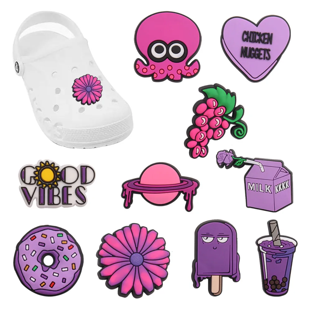 

Mix 50Pcs PVC Purple Milk Tea Grape Donut Ice Cream Octopus Planet Chicken Croc Jibz Buckle Fit Wristbands Hole Shoes Ornaments