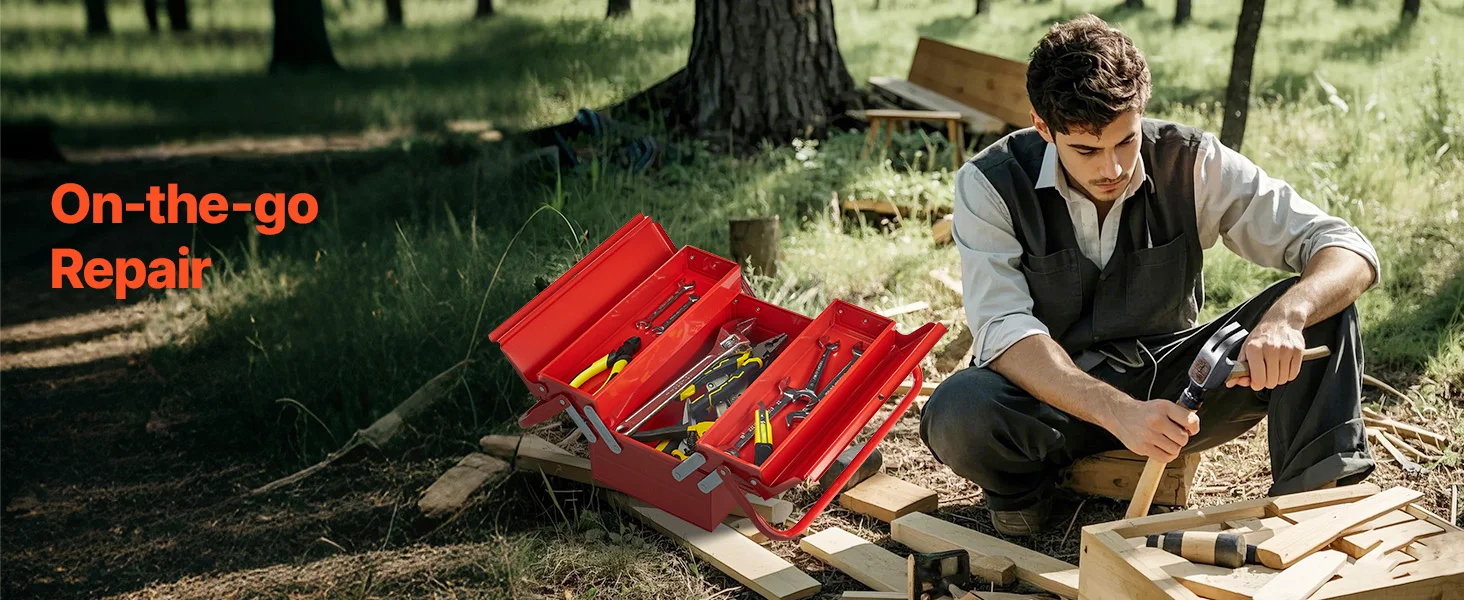 SucceBuy Metal Tool Box 2-Tier 3-Tray Portable Folding Tool Chest Organizer with Handle & Lock Toolbox for Factory Repair Shop