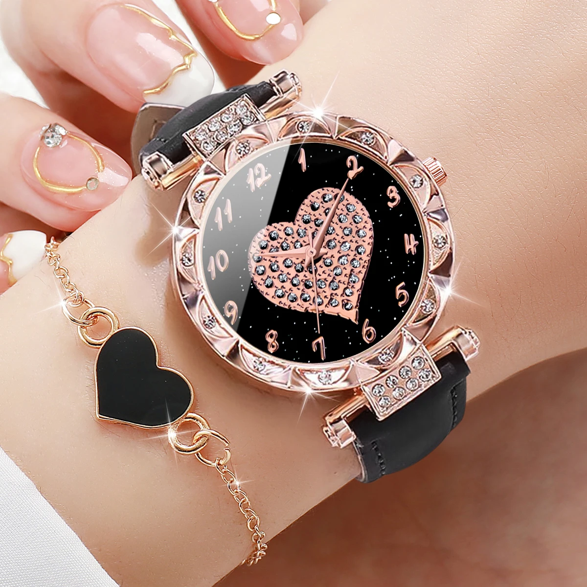 6PCs/Set Fashion Women's Watch Leather Strap Quartz Watch with Love Bracelet Set 4