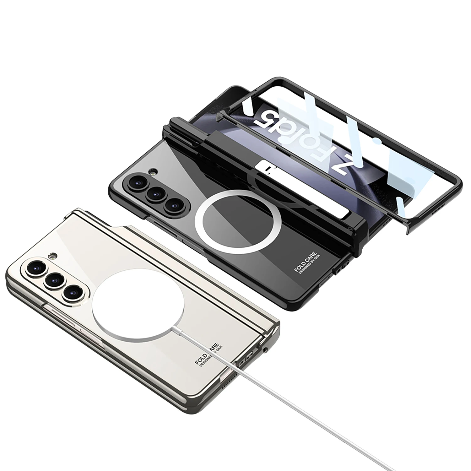 For Samsung Galaxy Z Fold 5 Magsafe Case Wireless Charging Electroplated Transparent Magnetic Hinge Pen Holder Kickstand Cover