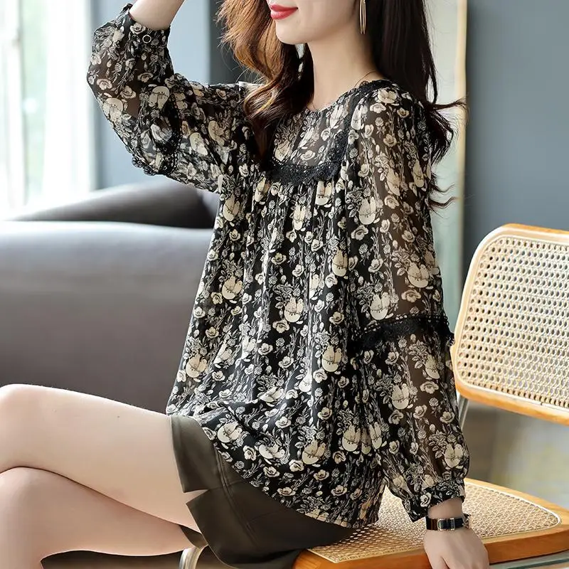 

2023 Summer New Fashion Trend Printed Thin Loose Pullover Spliced Lace Long Sleeve Versatile Casual Simplicity Commute Blouse