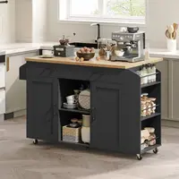 Portable Rolling Kitchen Island with Drop Leaf, Storage, Spice Rack, and Towel Holder - 52.8 Black & Natural KINB12801 4