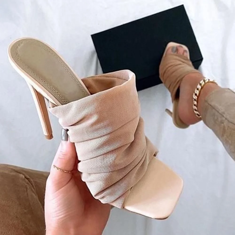 

Solid Color Folded Cloth High Heel Sandals Square Toe Stiletto Sandals Summer All Match Pleated Shoes Casual Style