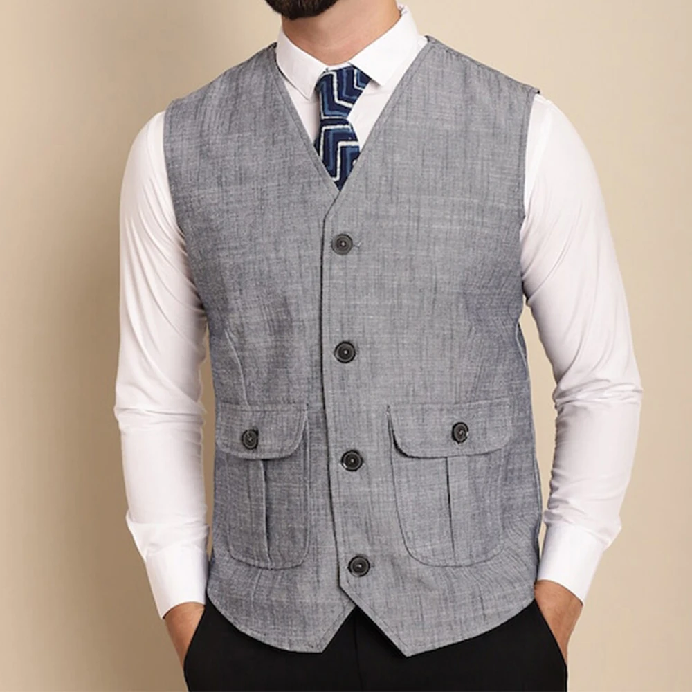 Men's Vest With Pocket Suit Male Casual V-neck Sleeveless Single Breasted Waistcoat Linen Suits Blazer Clothing