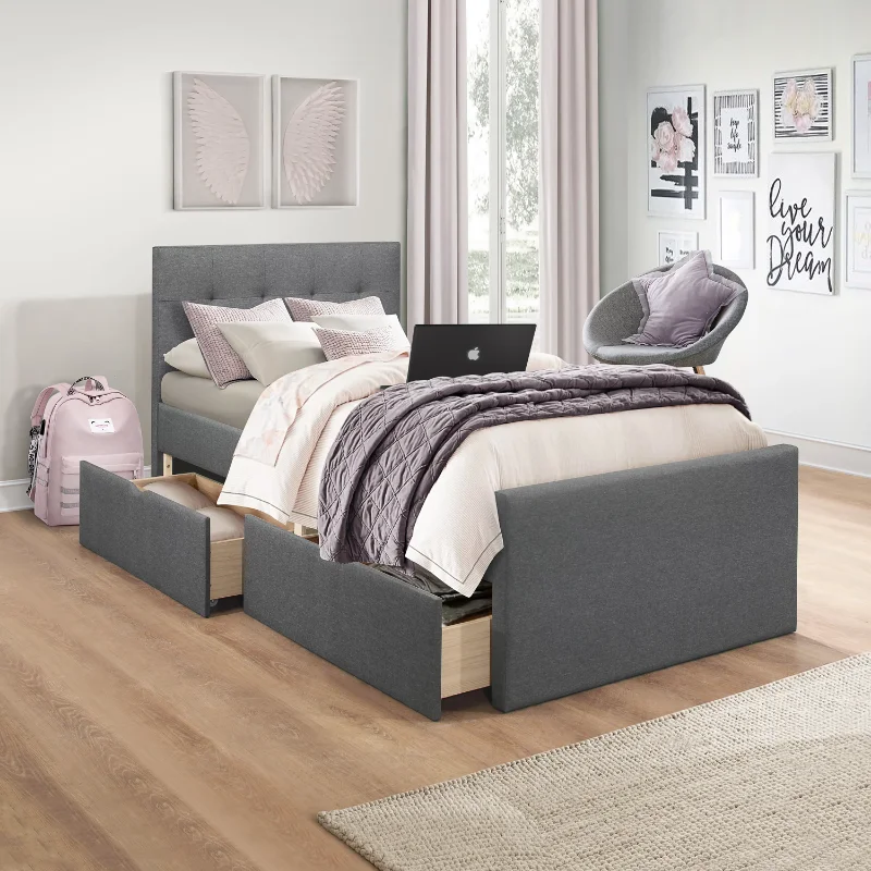

Emory Upholstered Twin Platform Bed with 2 Storage Drawers, Gray, by Hillsdale Living Essentials