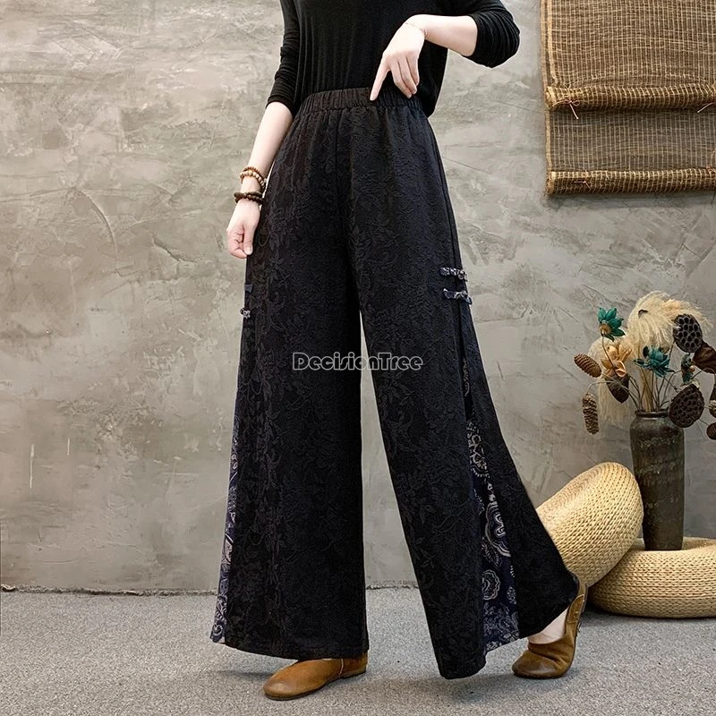 Chinese Style Button Design Loose Comfortable Casual Wide Leg Retro Embroidery Cotton Linen Pants