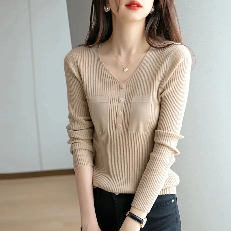 

2023Spring Autumn New Women's Sweater Korean Loose V-neck Long Sleeve Jumper Ladies Knitted Pullover Solid Knitting Tops Y700