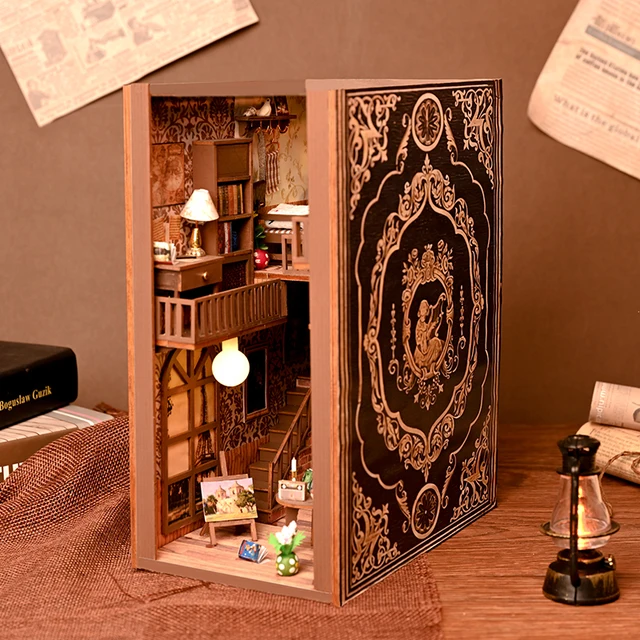 DIY Wooden Book Nook Shelf Insert Miniature Building Kits Twilight