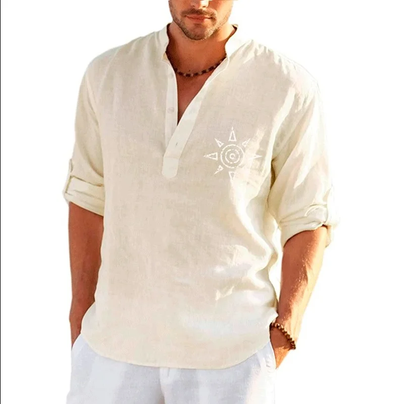 

New Men's Daily Business Linen Long Sleeve T-Shirt Fashion Solid Color Printing Men's Outdoor Casual Shirt Tops