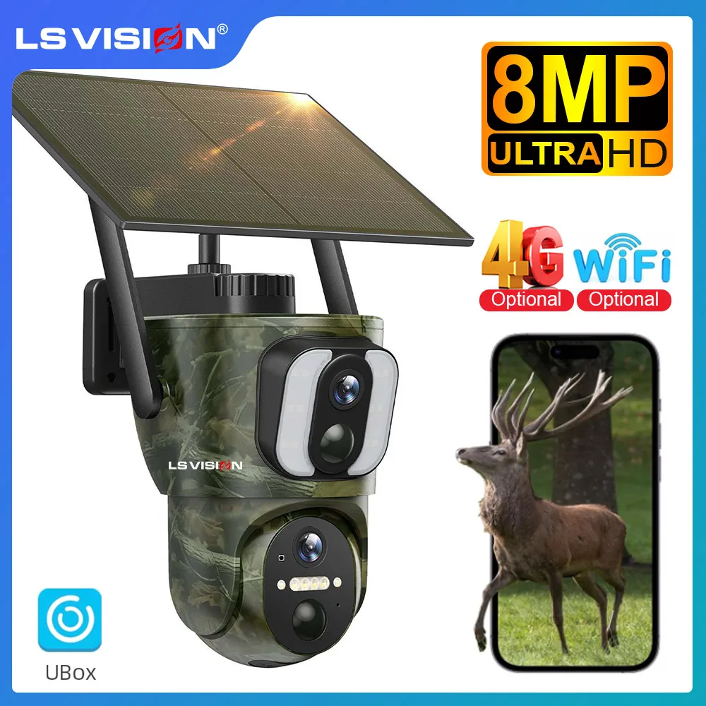 LS VISION 4K 4G Dual Screen Solar Trail Camera Outdoor Dual PIR Detection PTZ Security Cam 2-Way Talk Waterproof Wildlife Camera