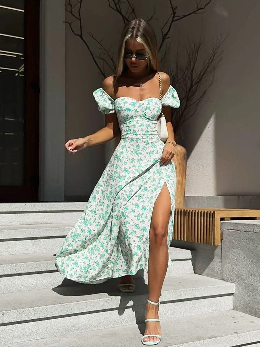 Bornladies Summer New Off Shoulder Floral Dress Women's Fashionable Slit Long Slim Fit Print Dress Sexy Hot Girl Evening Dresses