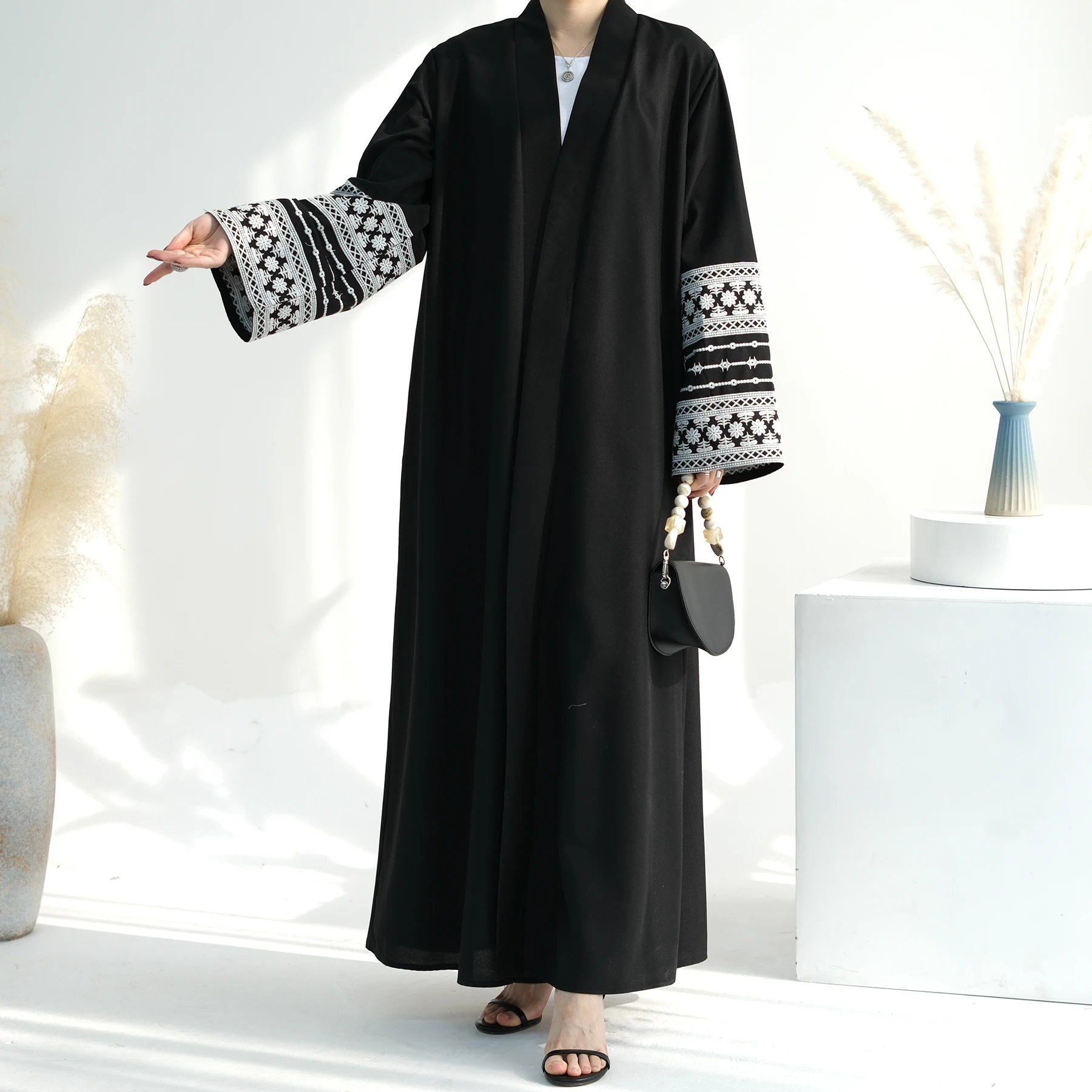 여성용 Eid 자수 무슬림 아바야, 라마단 원피스 모로코 레이스업 아바야스 카프탄 이슬람 가디건, 두바이 아랍 롱 로브 2024