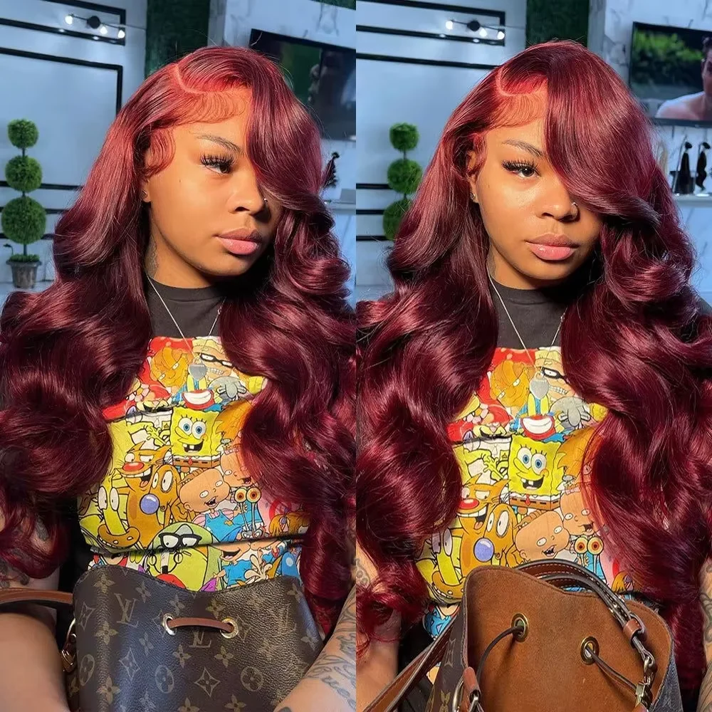 250%Density Body Wave 99j Burgundy Red Wig Human Hair 13x4 13x6 HD Lace Frontal Wig Human Hair Pre Plucked Remy Real Human Hair 1