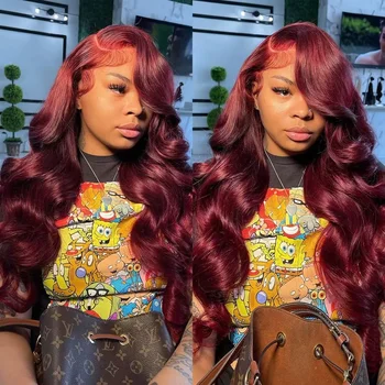 250%Density Body Wave 99j Burgundy Red Wig Human Hair 13x4 13x6 HD Lace Frontal Wig Human Hair Pre Plucked Remy Real Human Hair 1